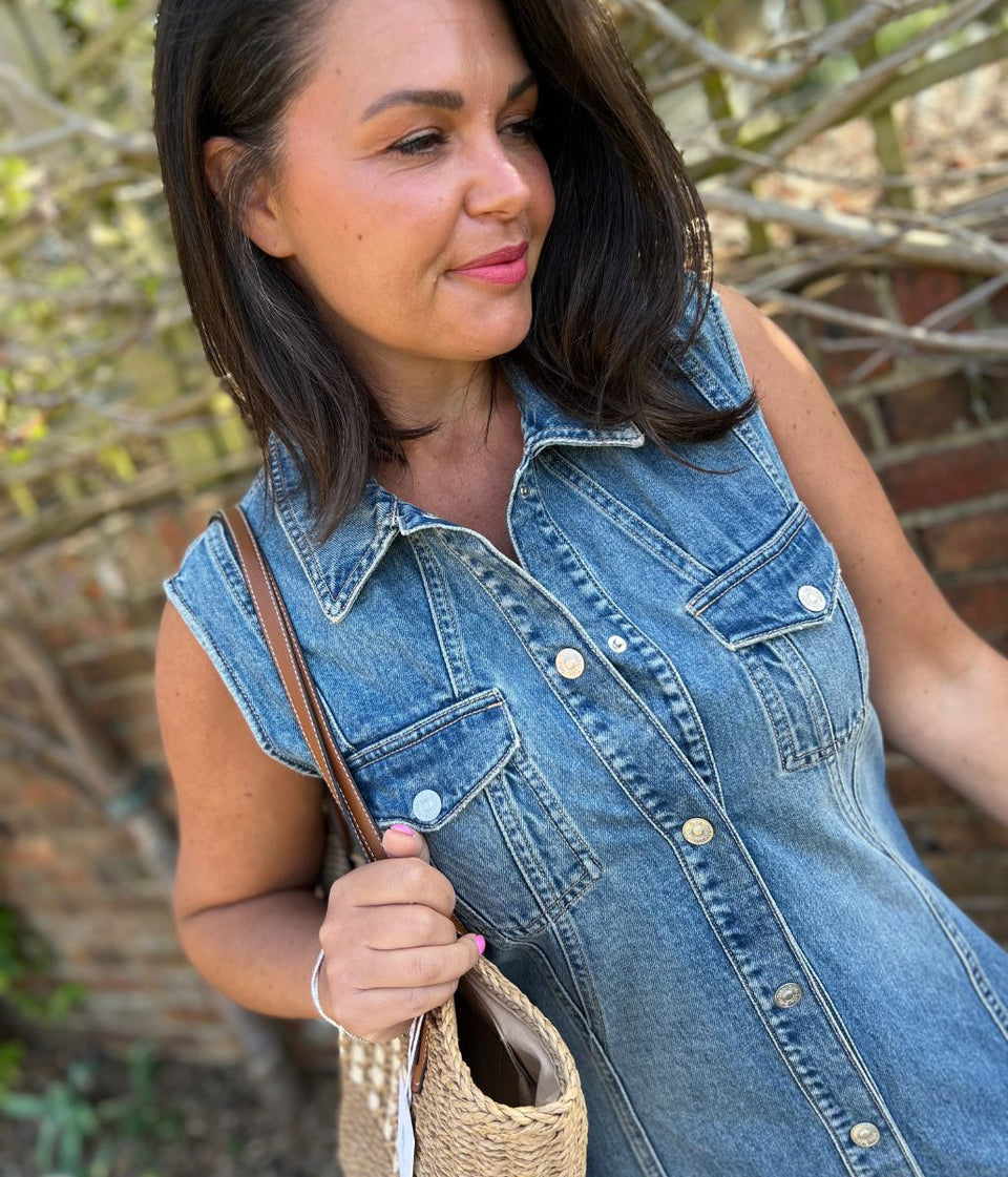 Sleeveless Denim Button Through Midi Dress