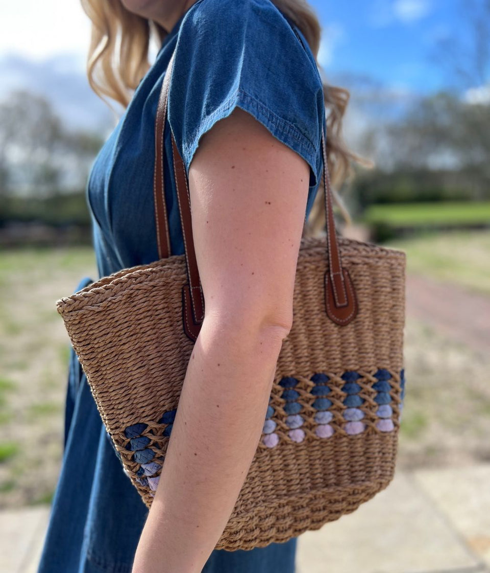 Natural Raffia Blue Weave Shopper Bag
