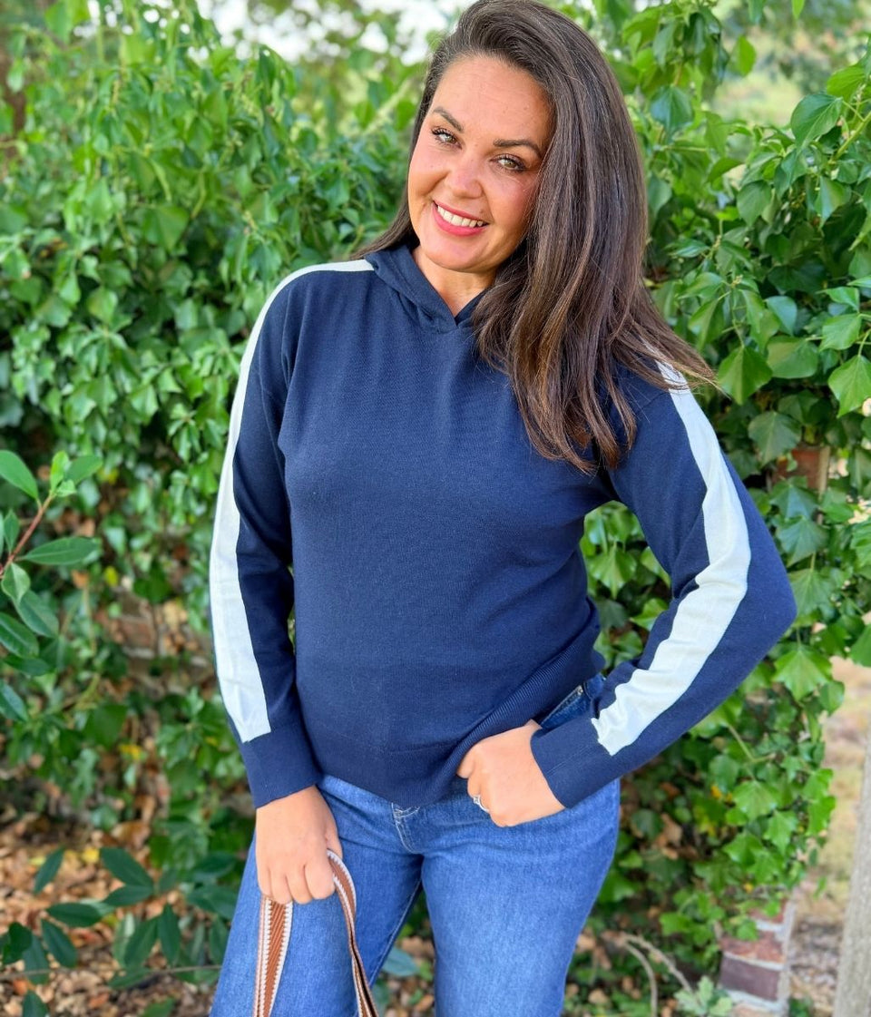 Navy Striped Sleeve Hooded Jumper