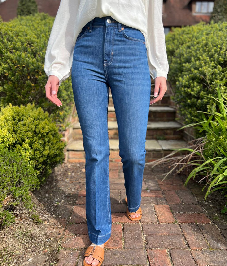 Mid Denim Crease Front Slim Flare Jeans
