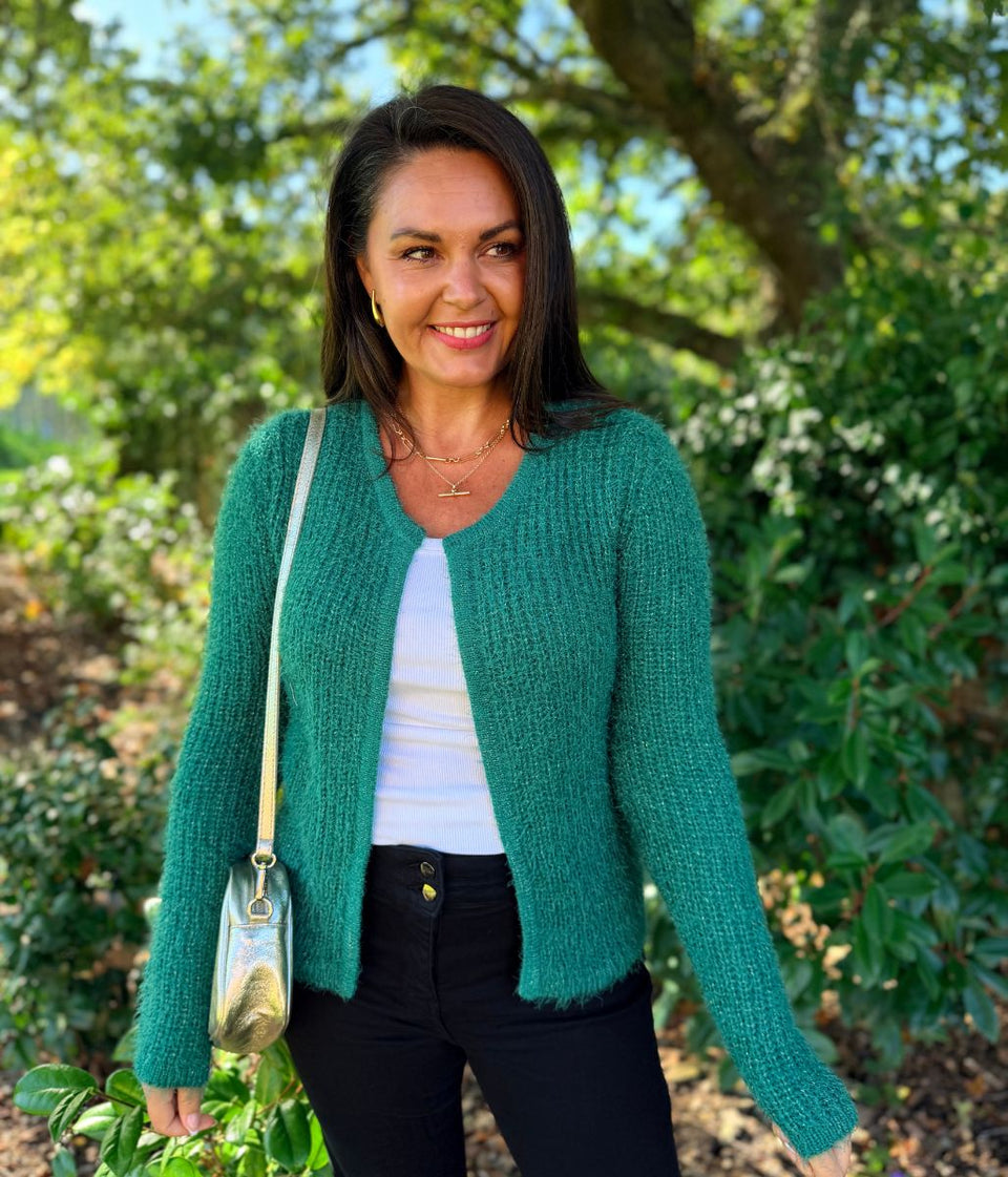 Green Sparkle Knit Open Cardigan