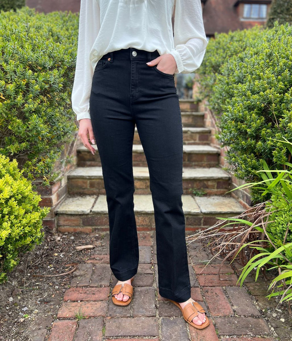 Black Denim Crease Front Slim Flare Jeans