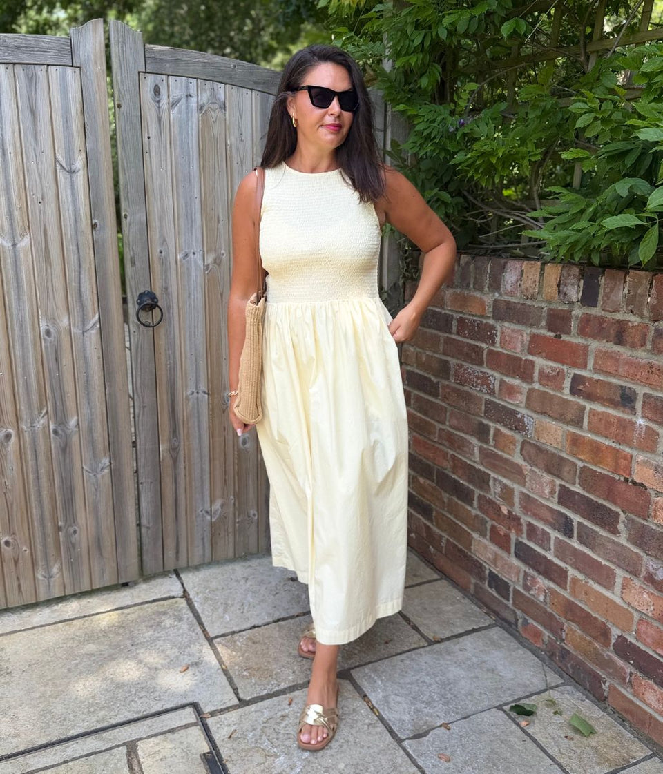 Yellow Cotton Poplin Shirred Dress