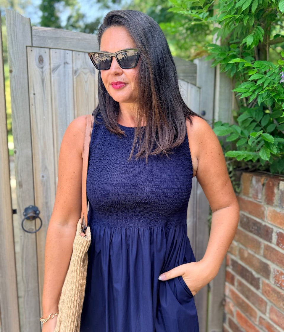 Navy Cotton Poplin Shirred Dress