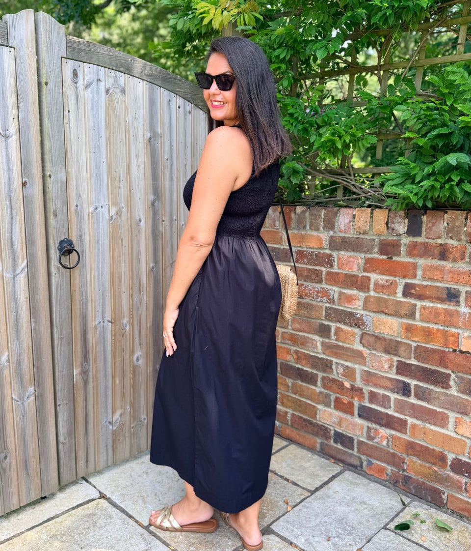 Black Cotton Poplin Shirred Dress