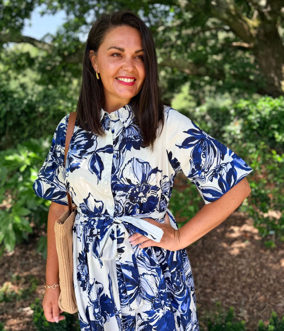 Navy Floral Midi Shirt Dress