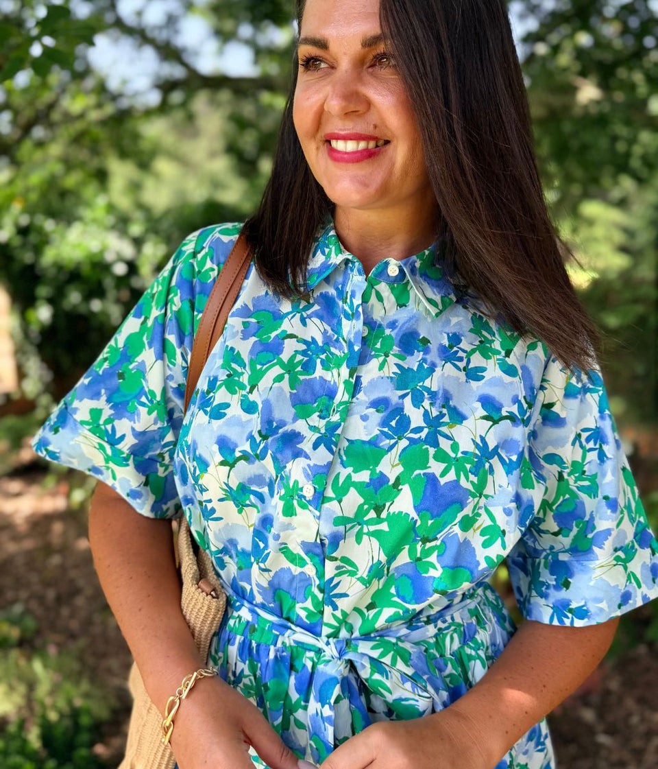 Green Floral Midi Shirt Dress