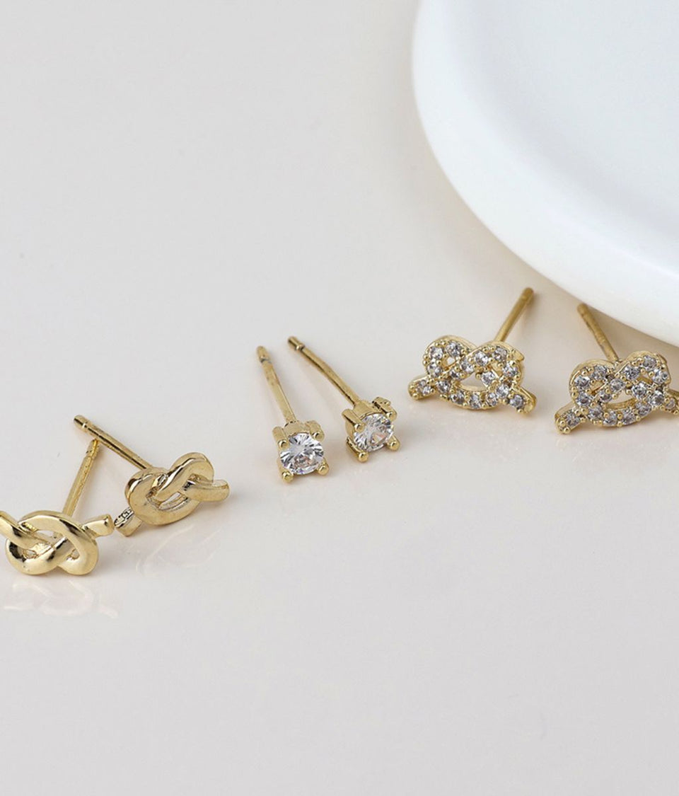 Golden Knots & Crystal Triple Studs Earring Set