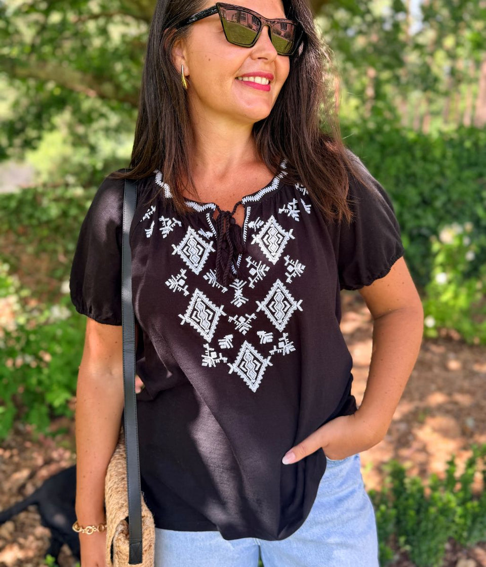 Black & White Embroidered Tassel Tie Top
