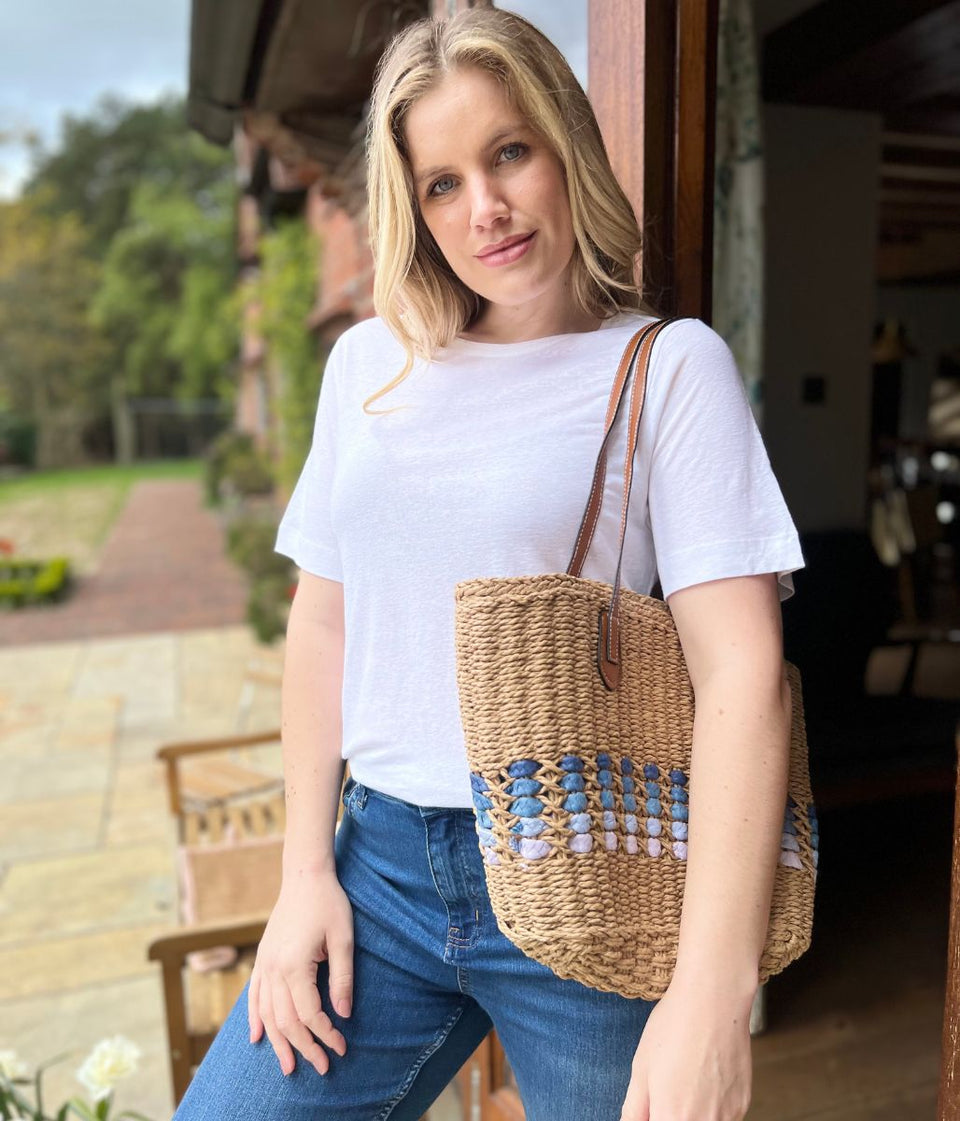 White Linen Blend Crew Neck Top