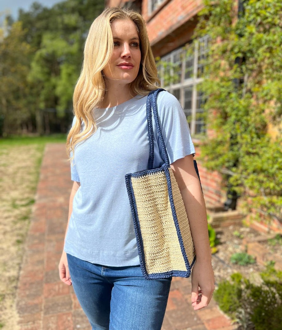 Blue Linen Blend Crew Neck Top