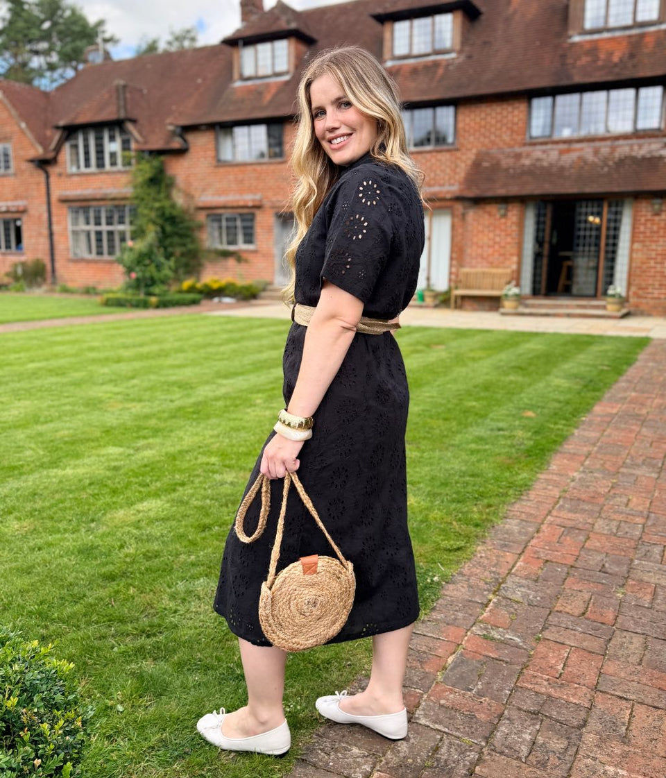 Black Belted Broderie Anglaise Shirt Dress