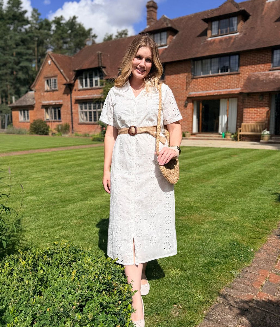 White Belted Broderie Anglaise Shirt Dress