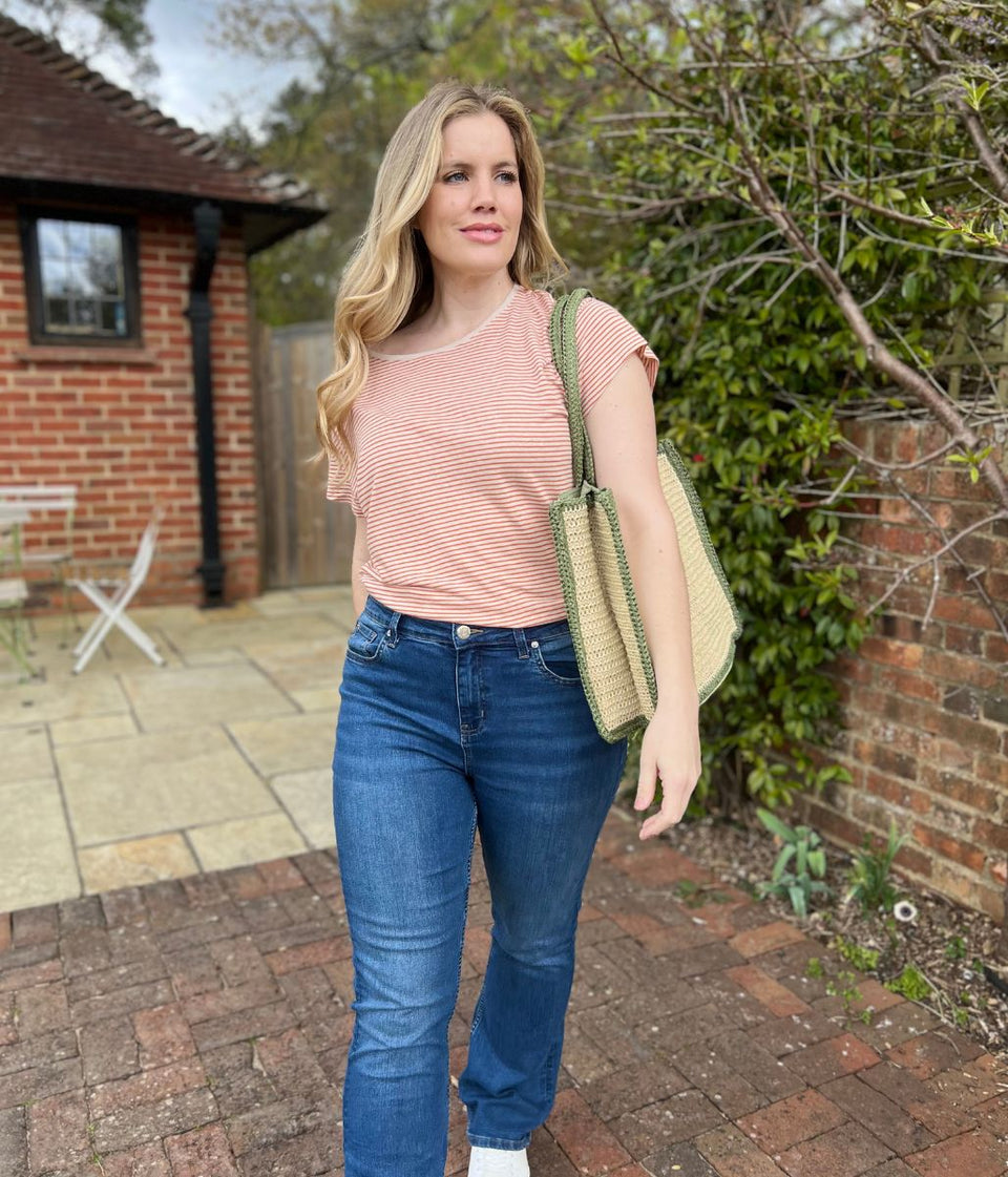 Orange Striped Linen Blend Crew Neck Top