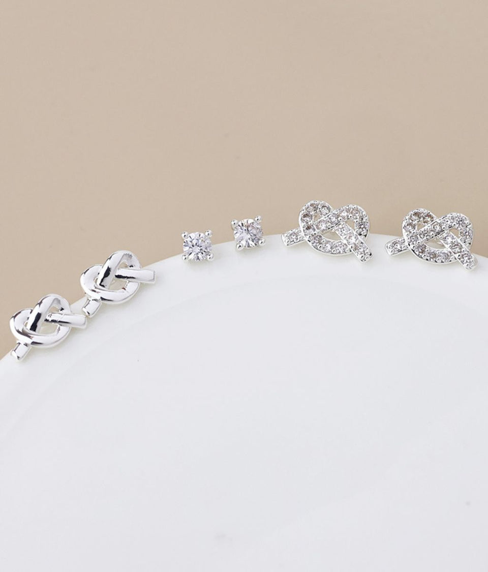 Silver Knots & Crystal Triple Studs Earring Set