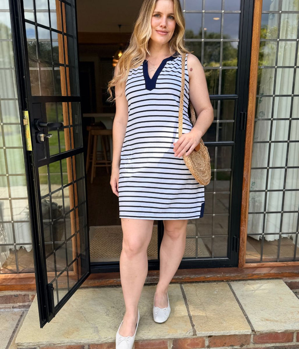 Navy Stripe Jersey Notch Neck Dress