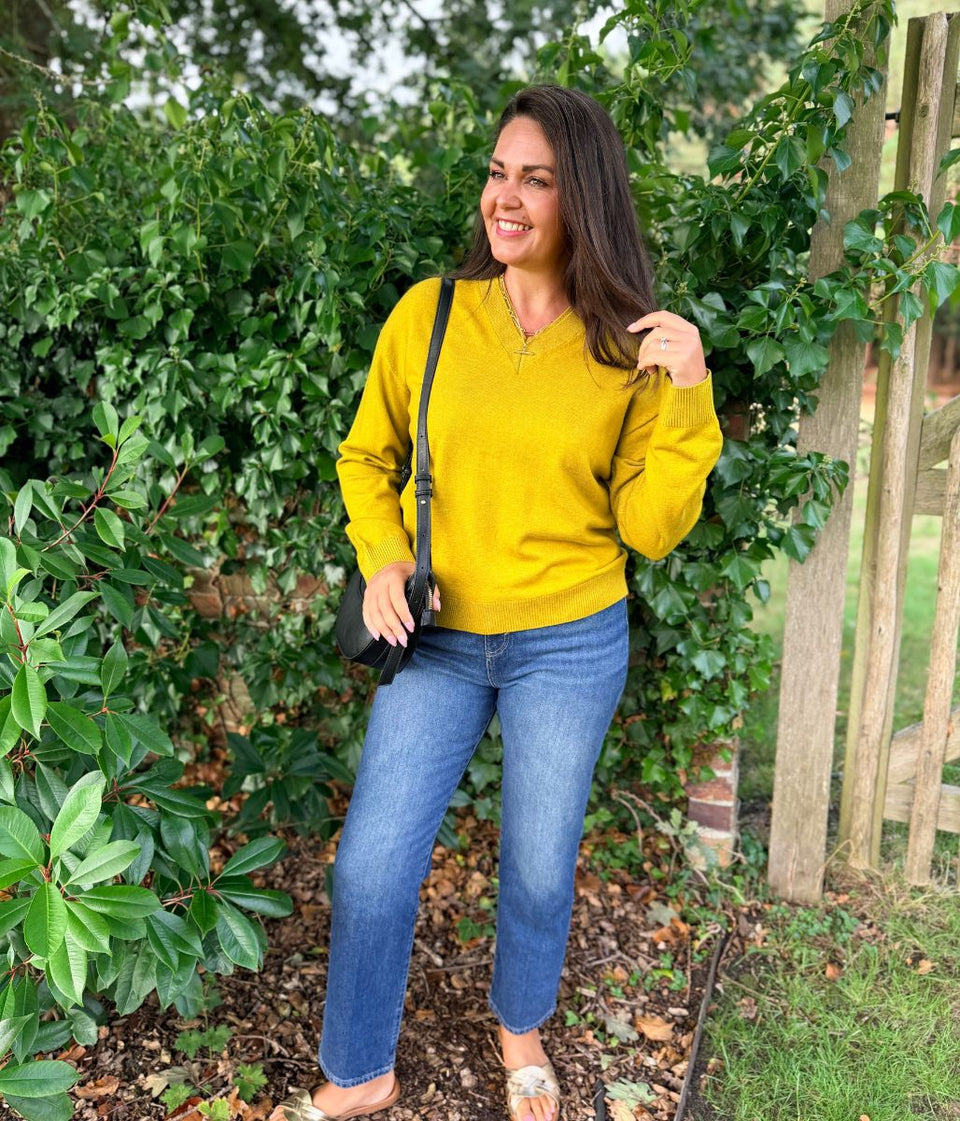 Women's Lime Double V Neck Air Yarn Jumper