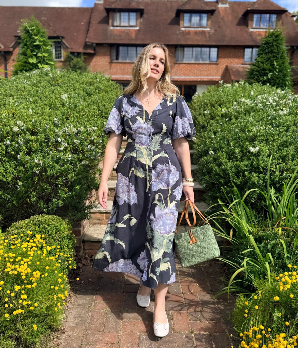 Navy Floral Linen Blend Puff Sleeve Midi Dress