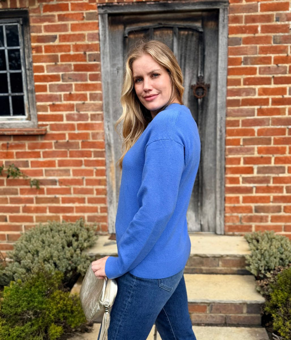 Women's Blue Double V Neck Air Yarn Jumper