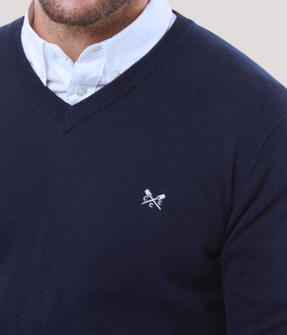Navy Blue Mens V Neck Logo Jumper