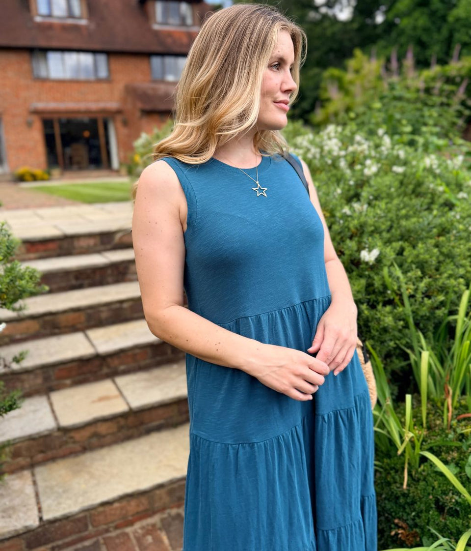 Teal Sleeveless Cotton Slub Jersey Tiered Midi Dress