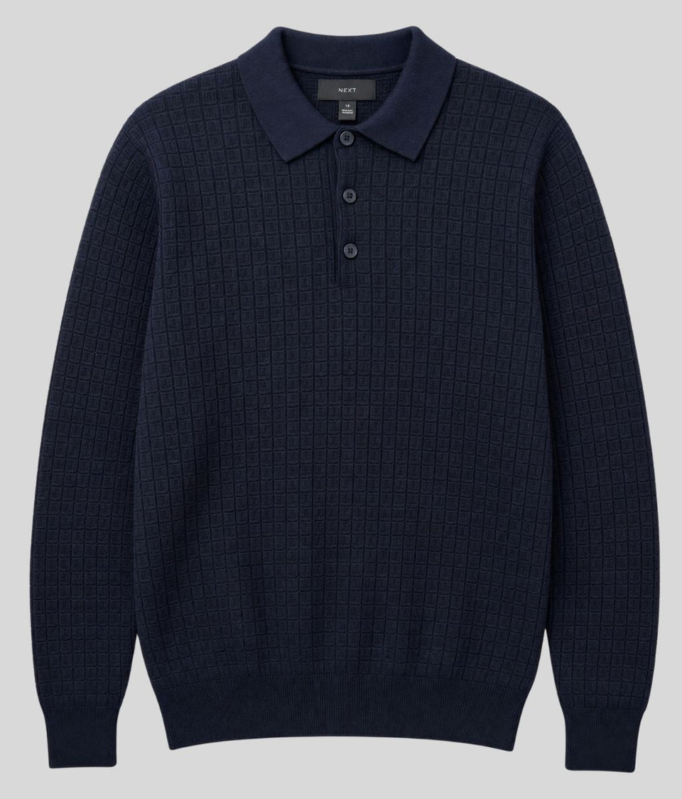 Mens Navy Textured Collared Jumper