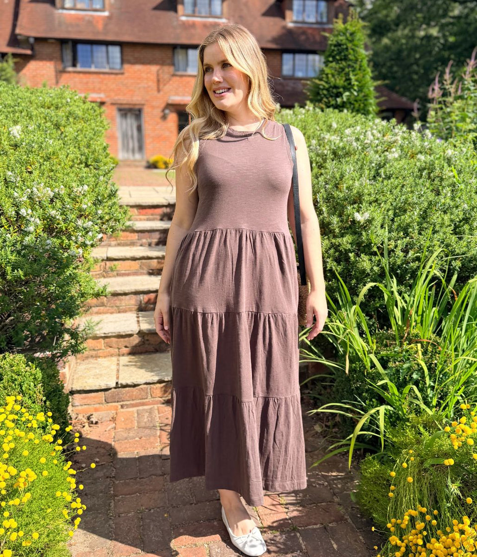 Brown Sleeveless Cotton Slub Jersey Tiered Midi Dress