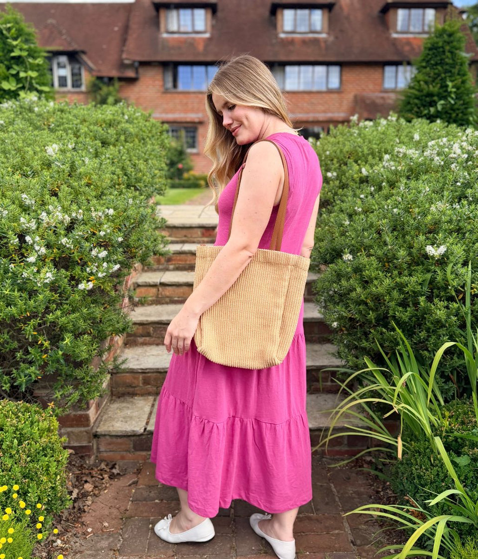Pink Sleeveless Cotton Slub Jersey Tiered Midi Dress