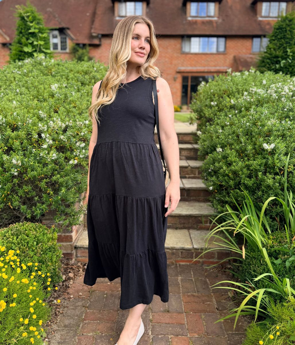 Black Sleeveless Cotton Slub Jersey Tiered Midi Dress