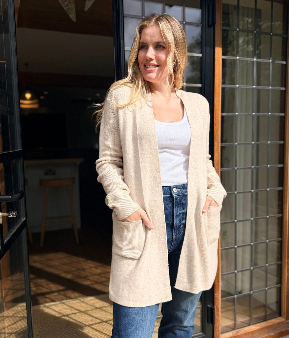 Beige Marl Ribbed Edge to Edge Longline Cardigan