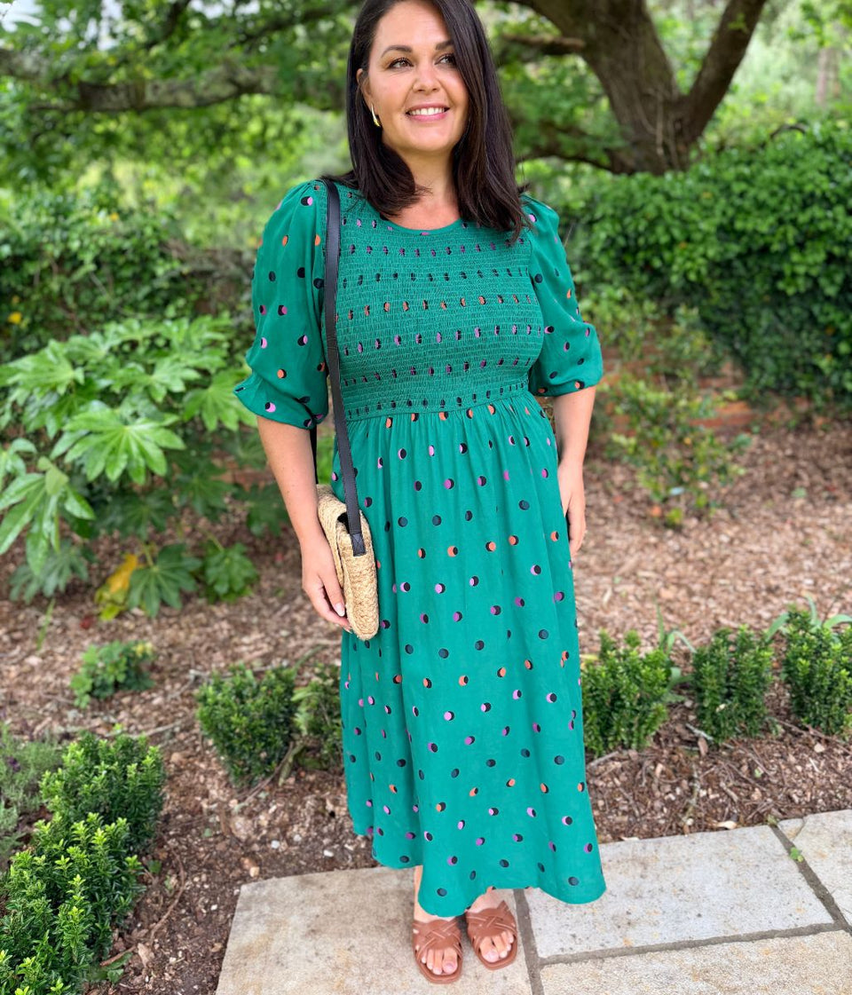 Green Rainbow Polka Gretal Shirred Midi Dress