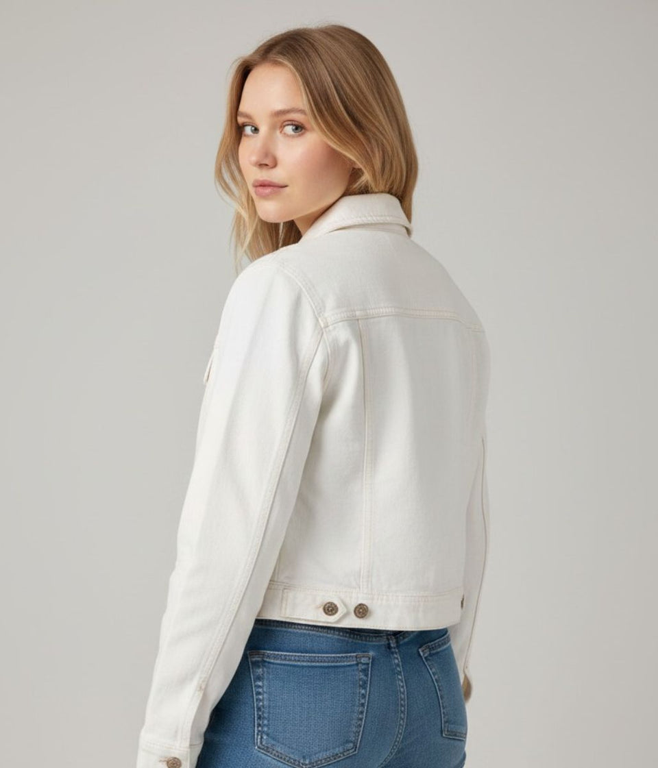 White Denim Fitted Cropped Trucker Jacket