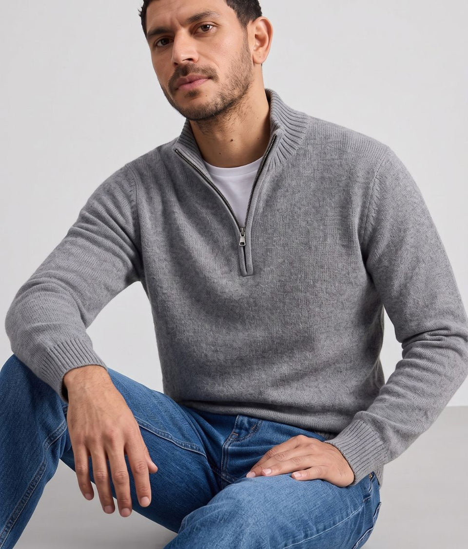 Mens Grey Lambswool 1/4 Zip Jumper