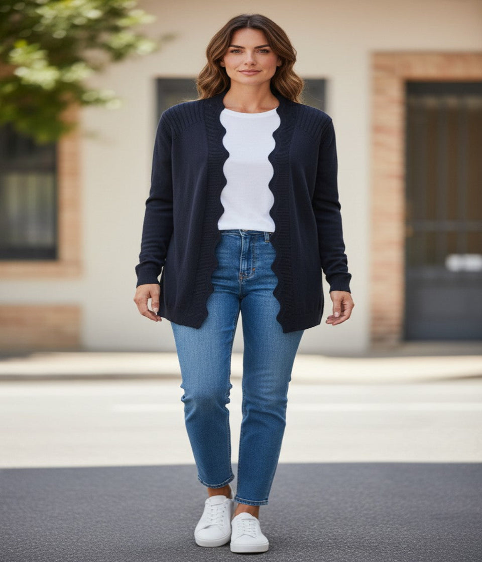 Navy Scallop Edge Open Cardigan