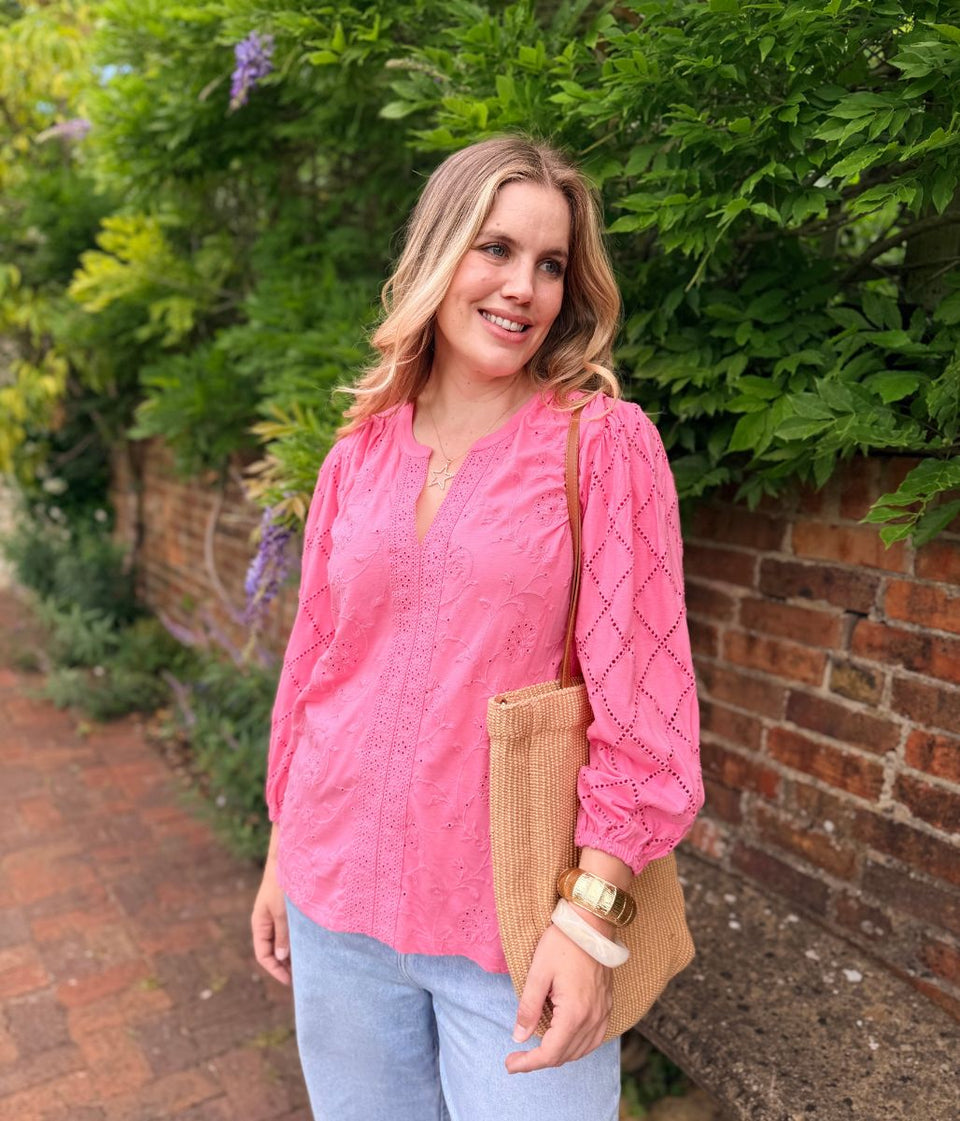 Pink Embroidered Contrast Long Sleeve Top