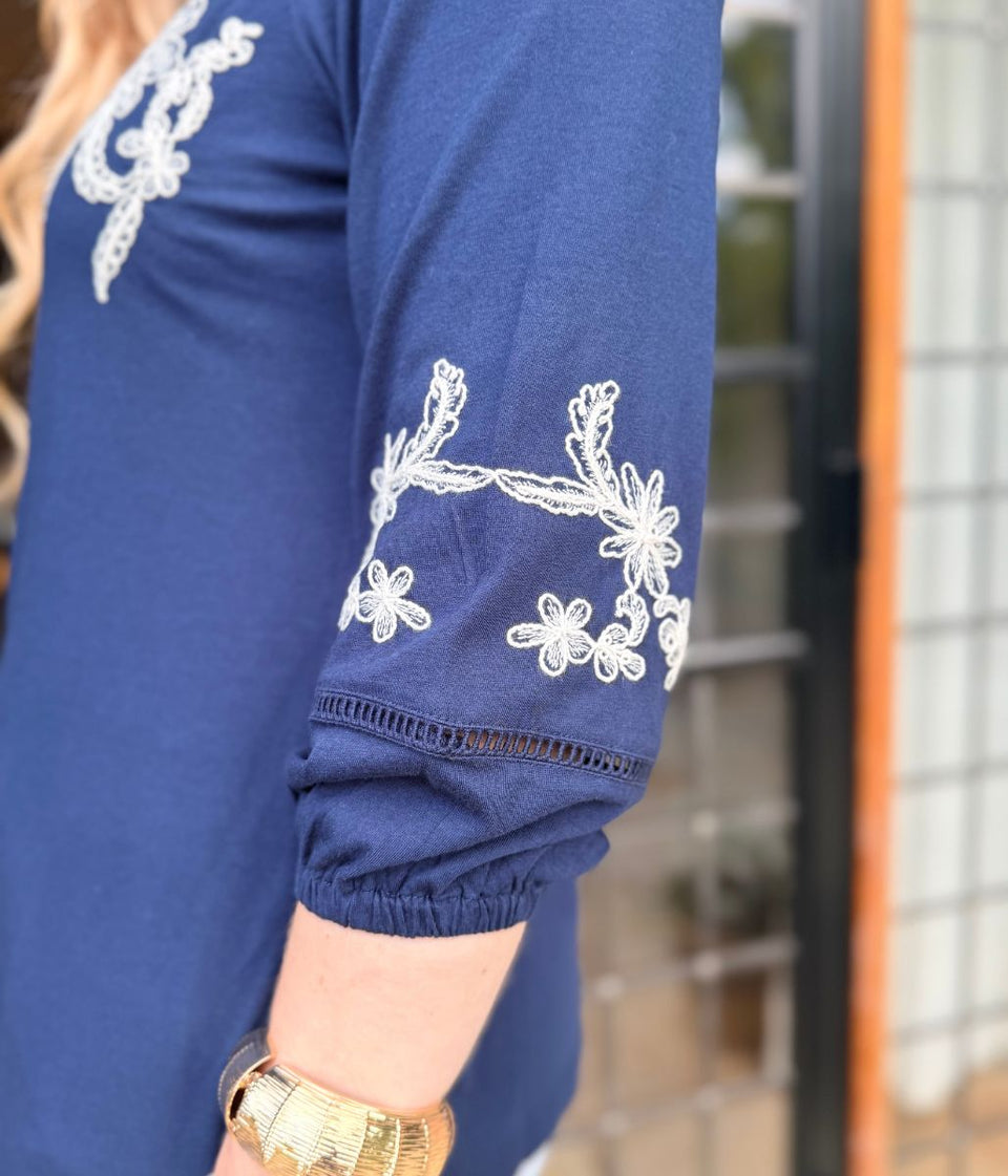 Navy Embroidered V Neck Top