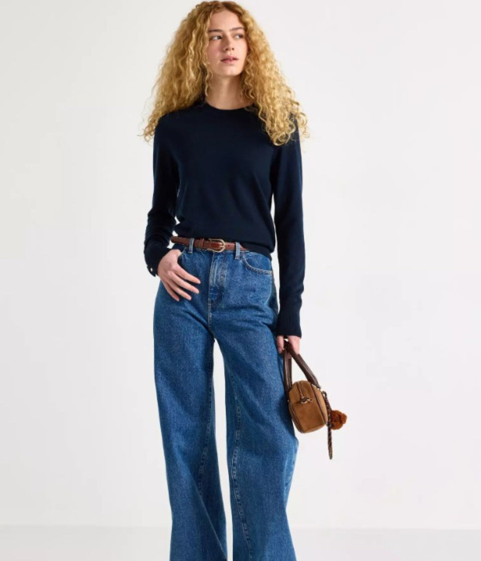 Navy Fine Knit Button Cuff Jumper