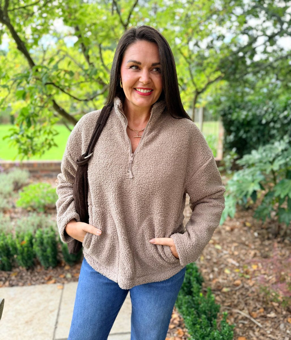 Taupe 1/4 Zip Borg Fleece Top