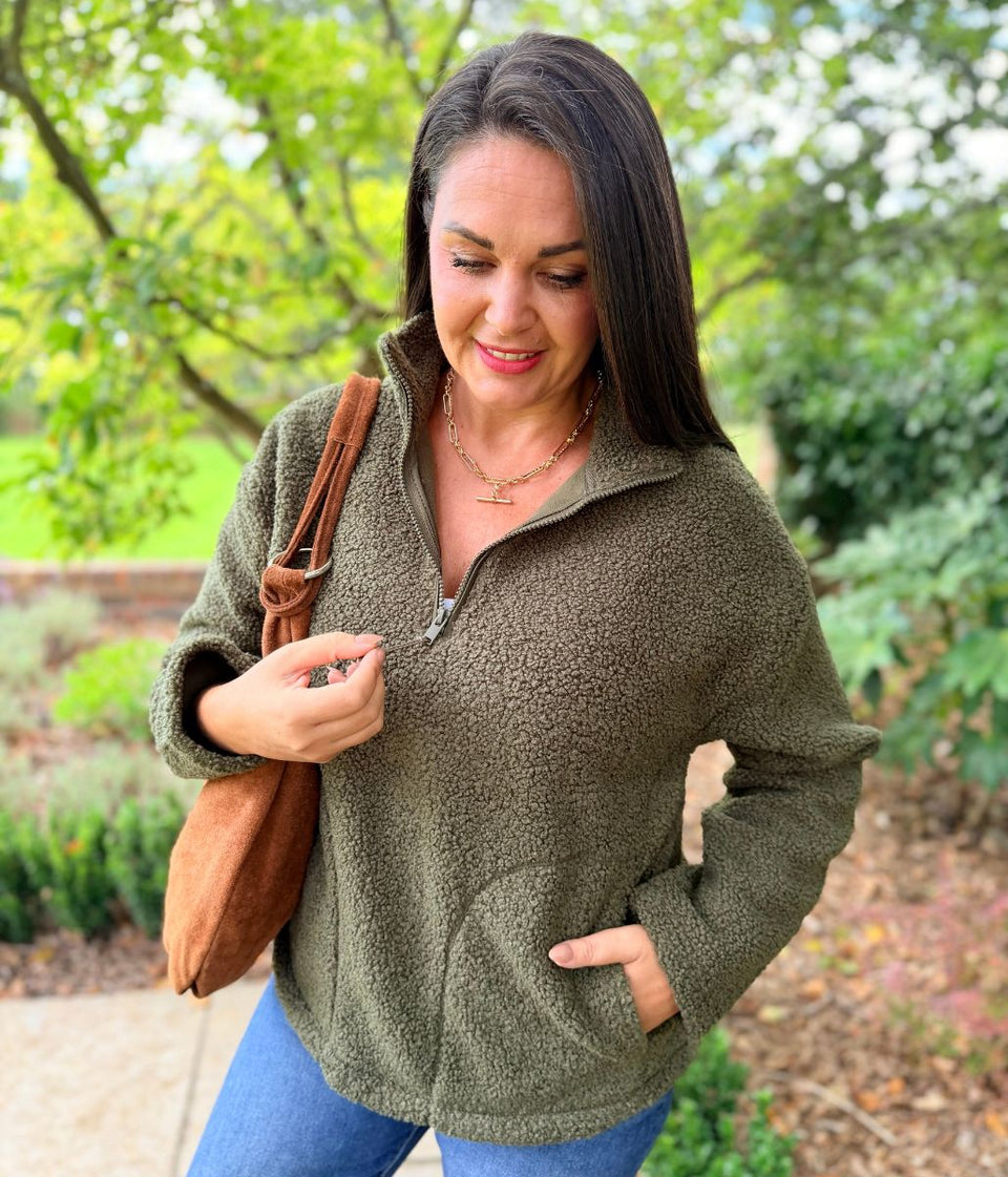 Khaki 1/4 Zip Borg Fleece Top