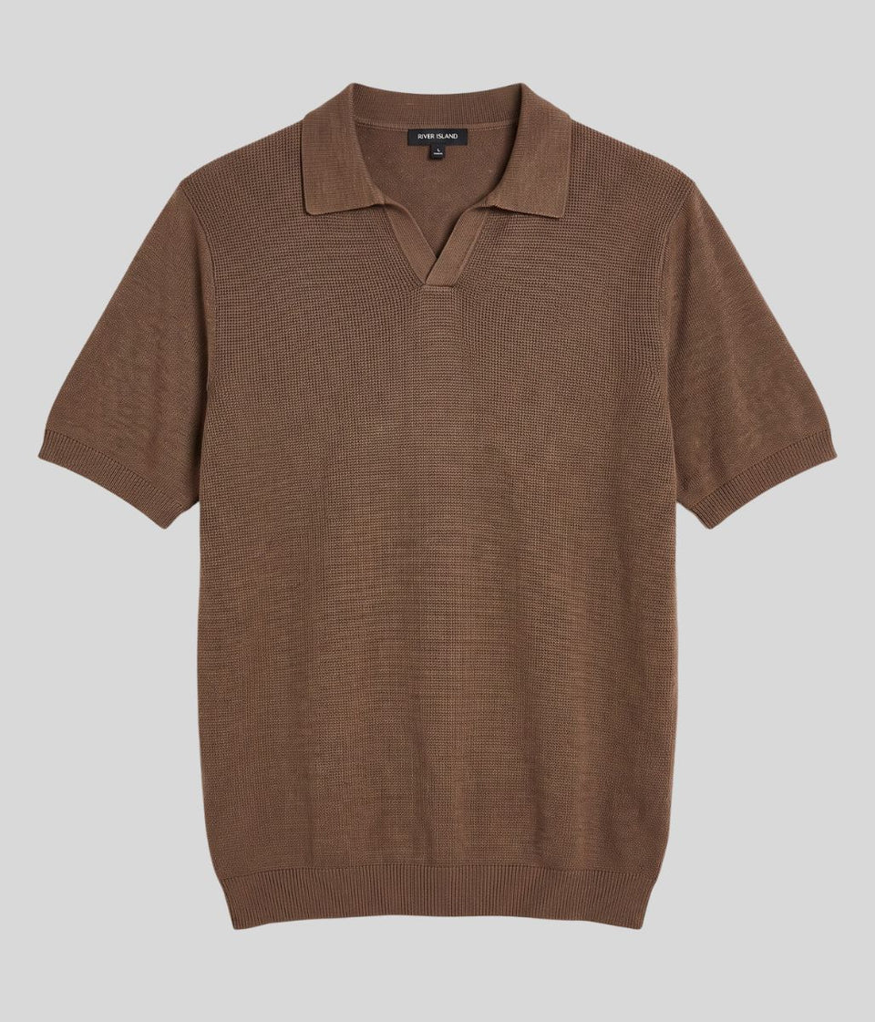 Mens Brown Revere Collar Linen Blend Polo Top