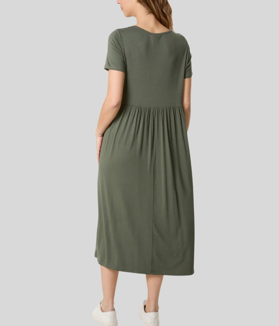 Khaki Stretch Tiered Midi Dress