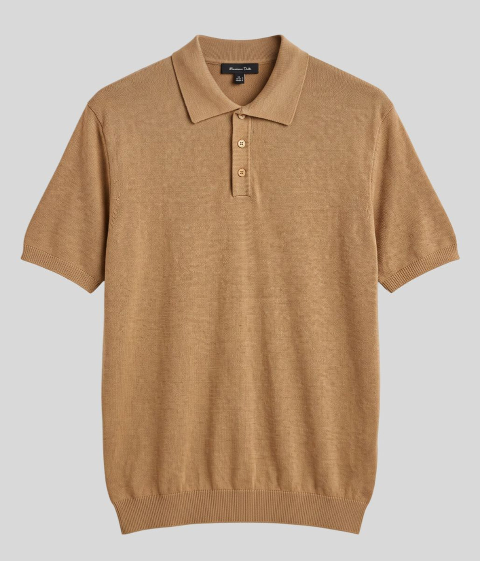 Mens Beige Linen Blend Polo Top