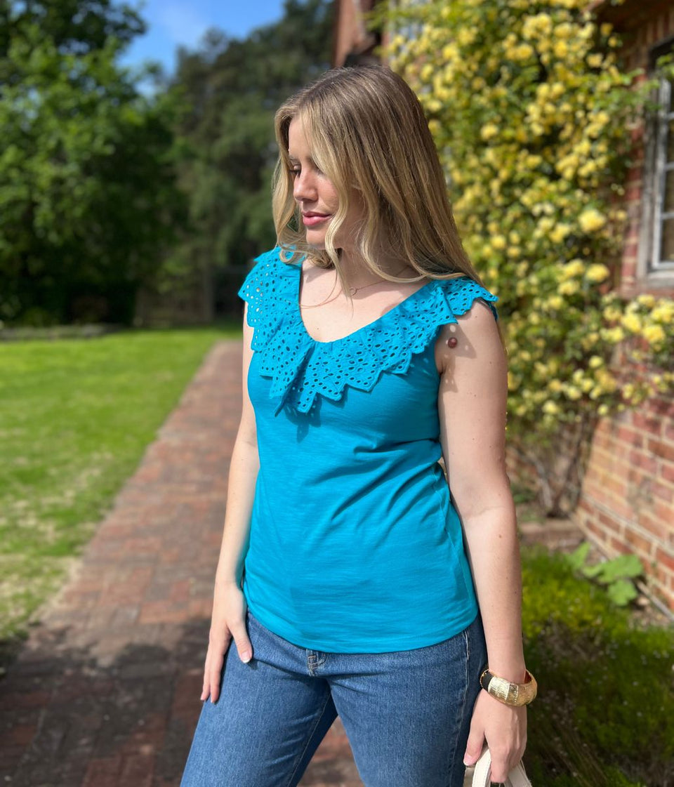 Turquoise Border Anglaise Vest Top