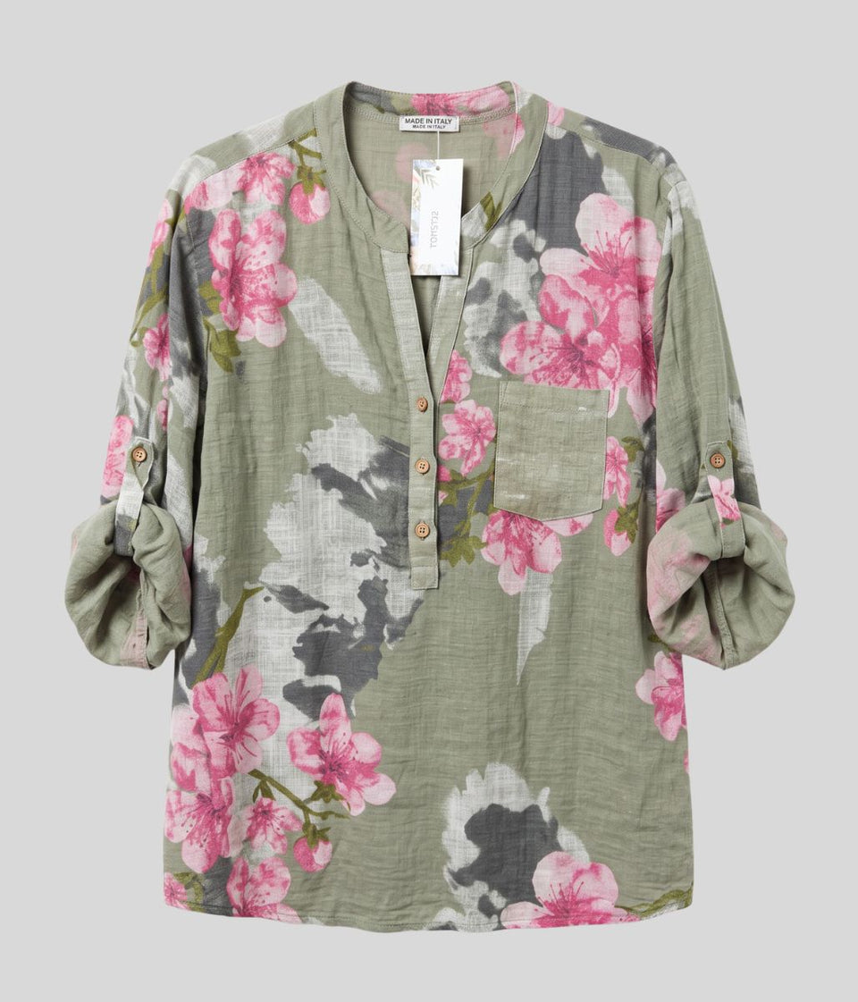 Khaki Floral Sequin Pocket Roll Sleeve Top