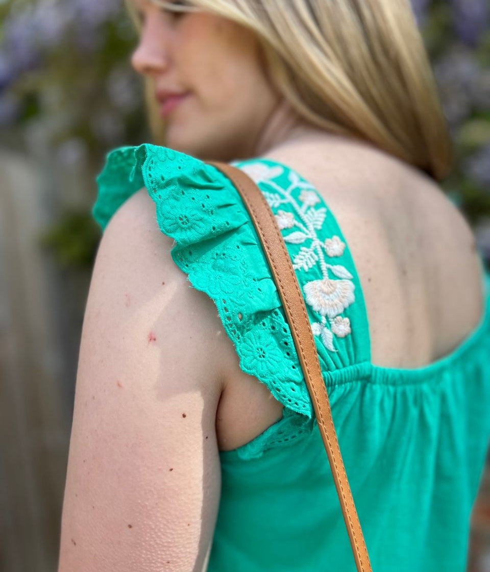 Green Embroidered Square Neck Top