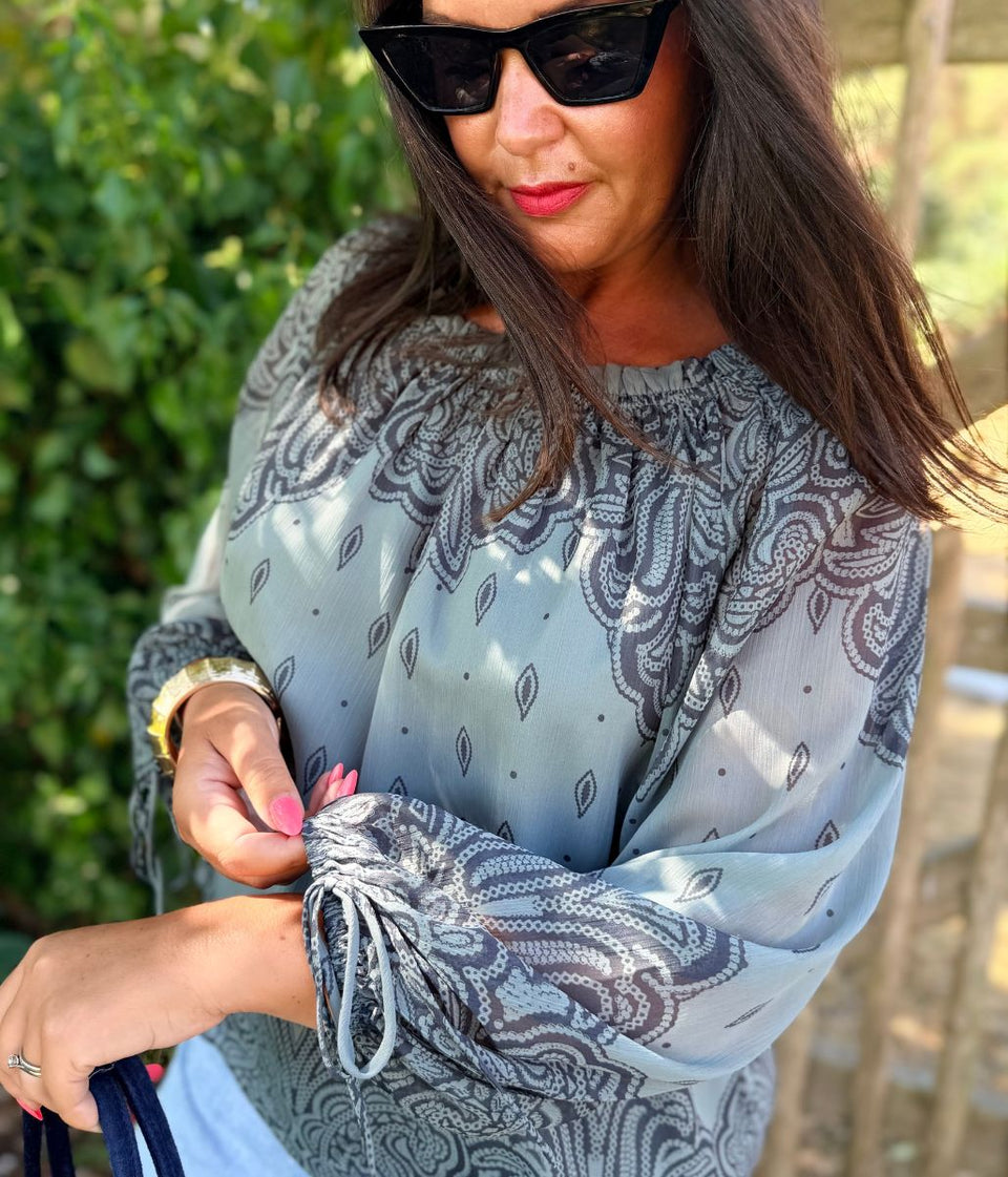 Grey Print Boho Blouse