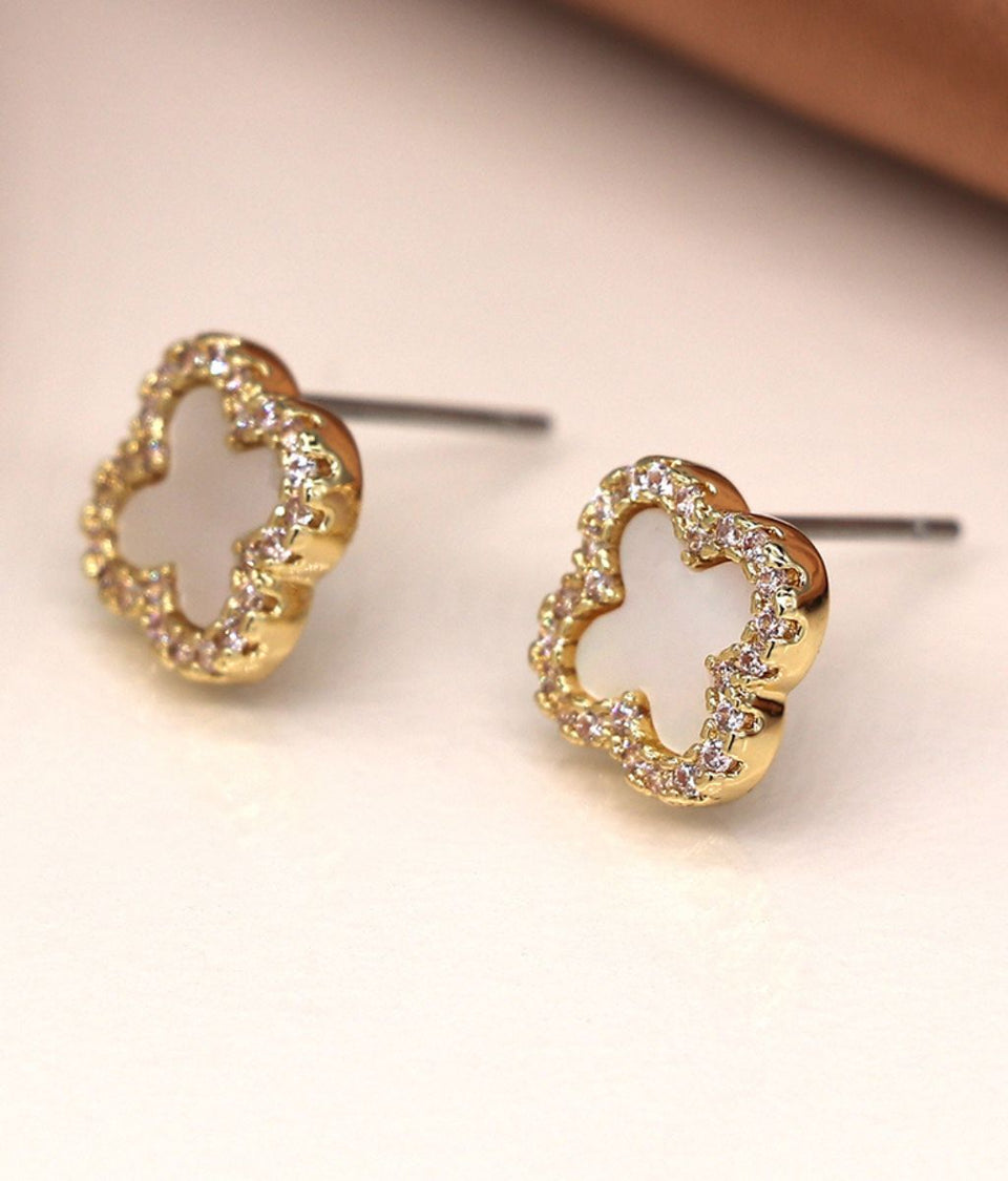 POM Golden Crystal Edged Quatrefoil Earrings