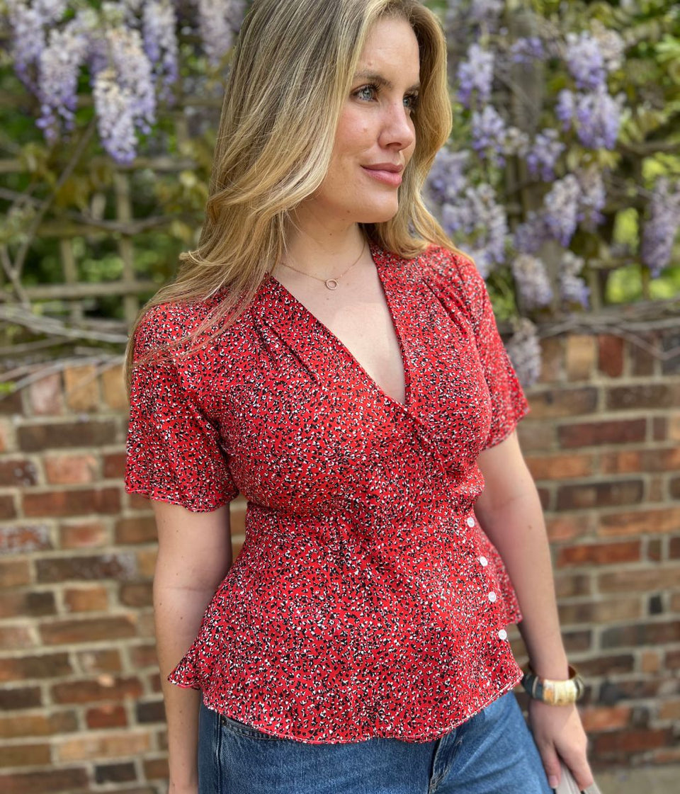 Red Ditsy Print Wrap Blouse