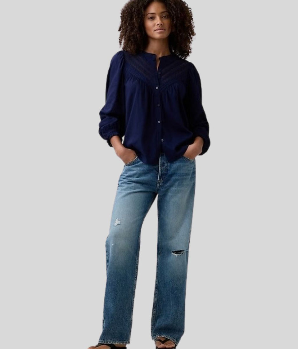 Navy Pintuck Lace Trim Blouse