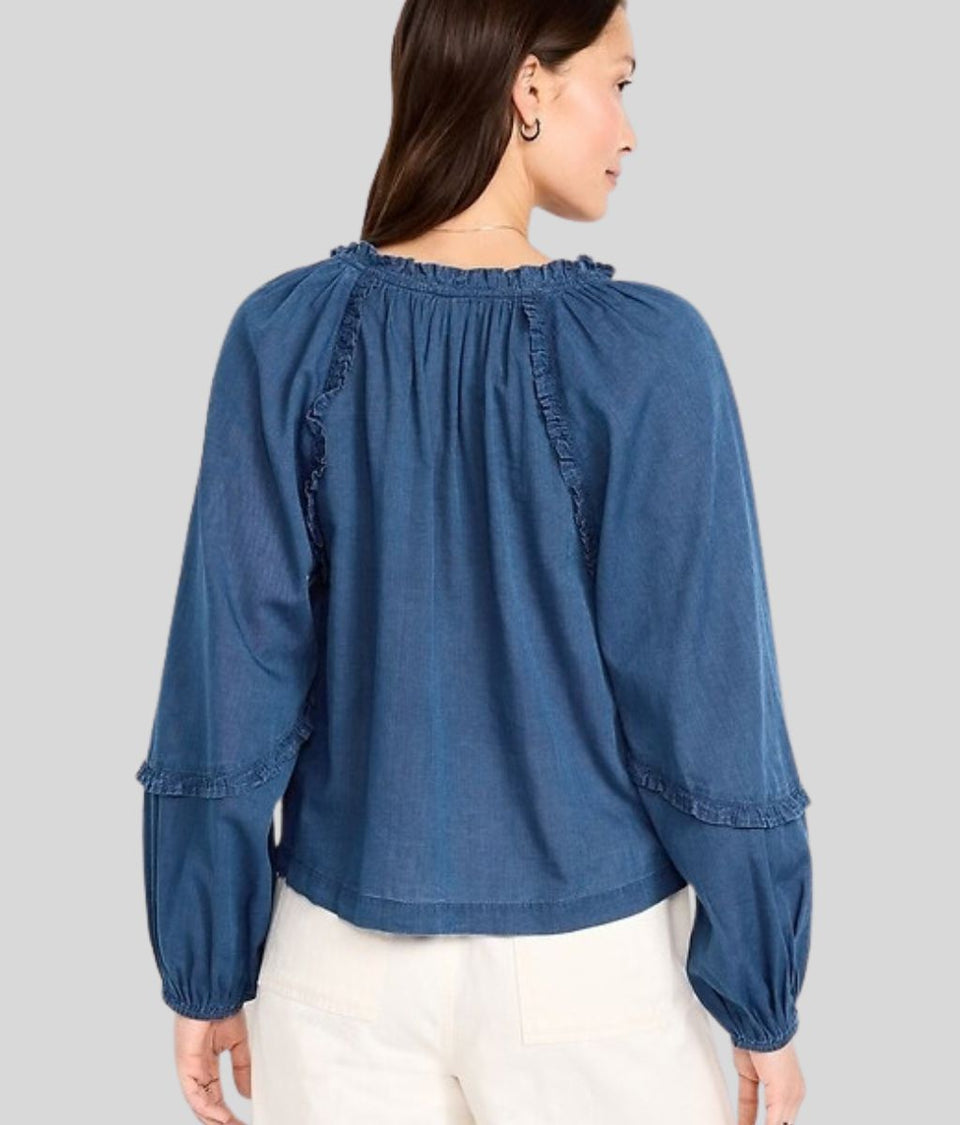 Chambray Frill Detail Tie Neck Blouse